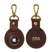 Personalized leather AirTag holder in chocolate