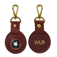 Personalized leather AirTag holder in red maple