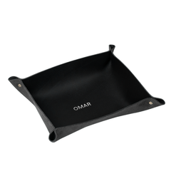 Black leather valet tray with gold rivet corners, personalized with initials, for keys, watch and wallet