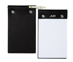 Black leather notepad holder with antique hardware and refillable paper pad, personalized with initials