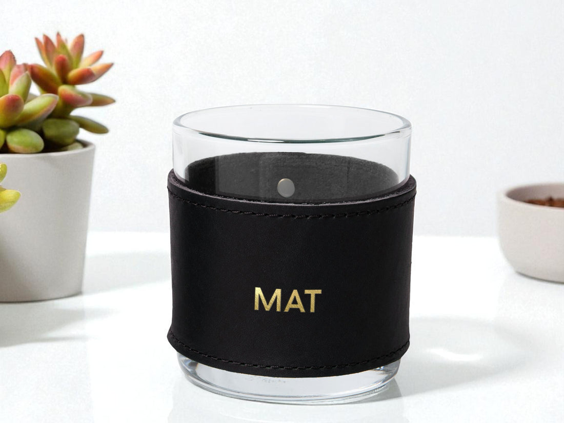 Monogrammed Leather Rocks Glass Cover