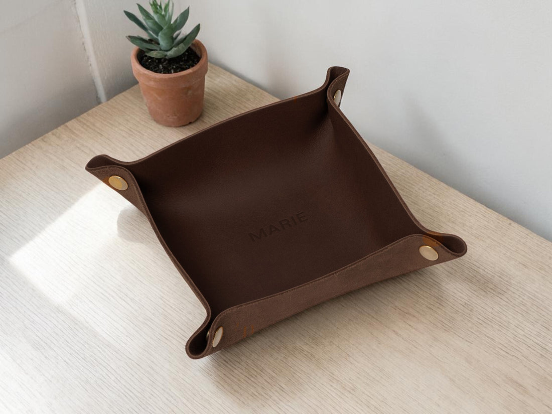 Personalized leather WFH desk set in chocolate