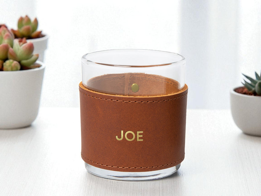 Monogrammed Leather Rocks Glass Cover