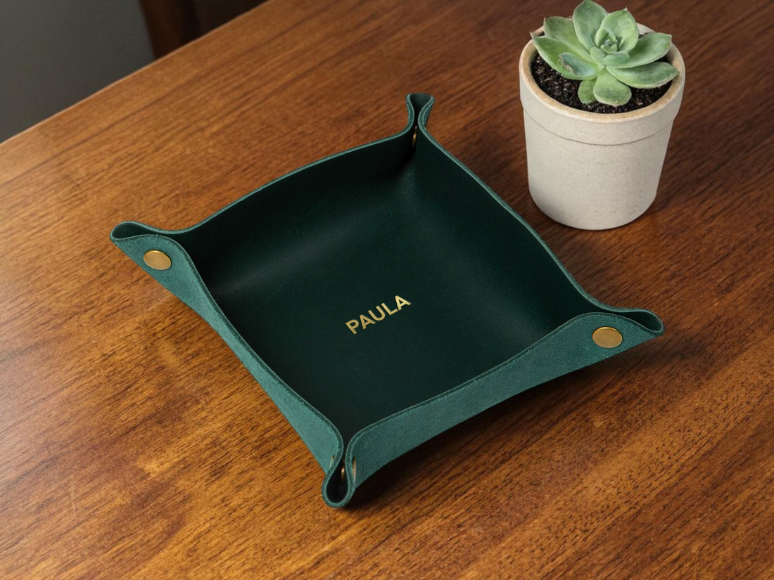 Personalized leather WFH desk set in emerald
