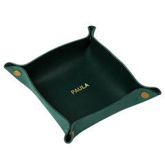Emerald leather snap valet tray with antique snaps, monogrammed catchall for a desk or nightstand