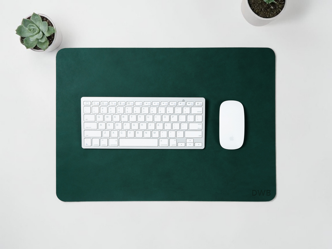 Personalized leather WFH desk set in emerald