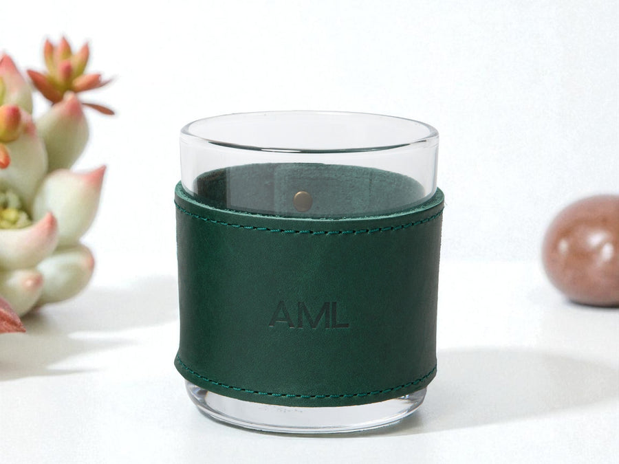 Monogrammed Leather Rocks Glass Cover