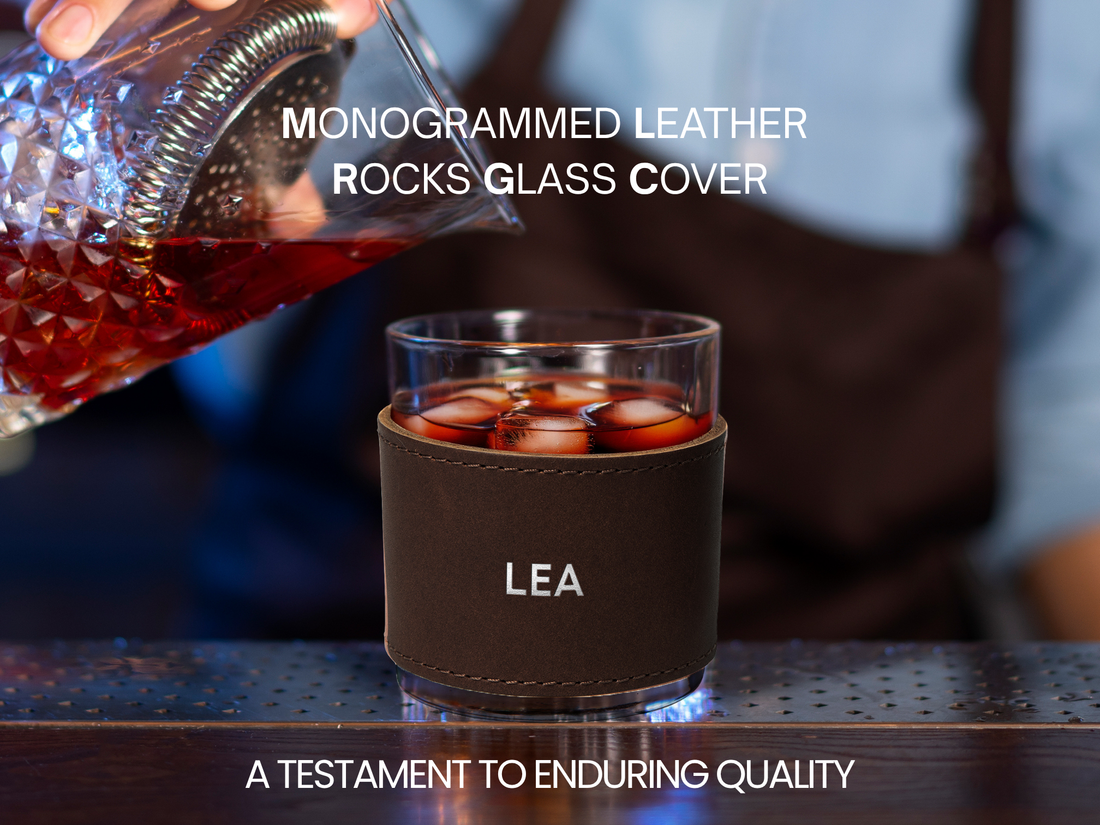 Monogrammed Leather Rocks Glass Cover