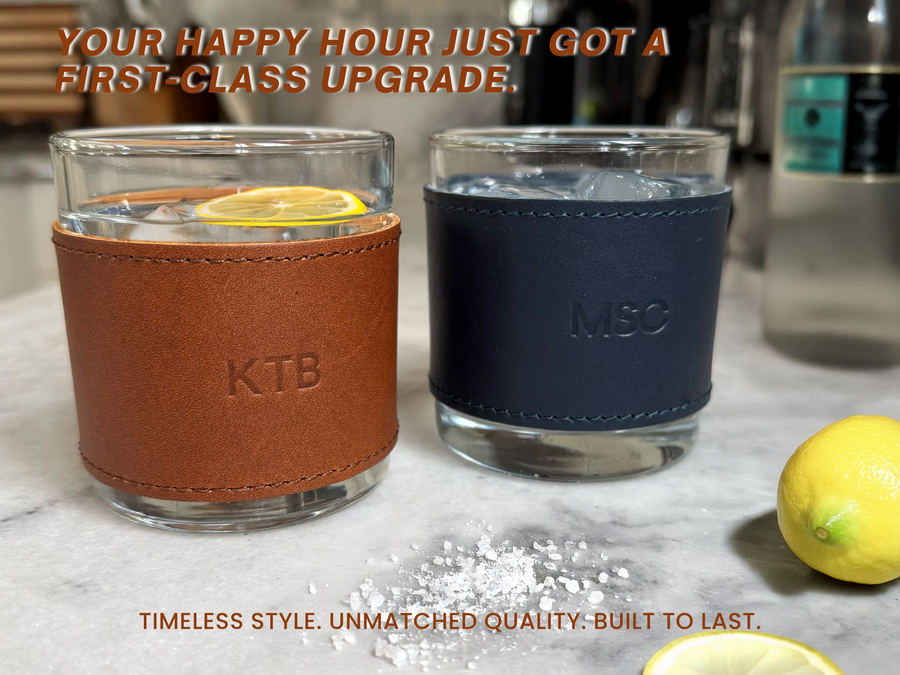 Monogrammed Leather Rocks Glass Cover