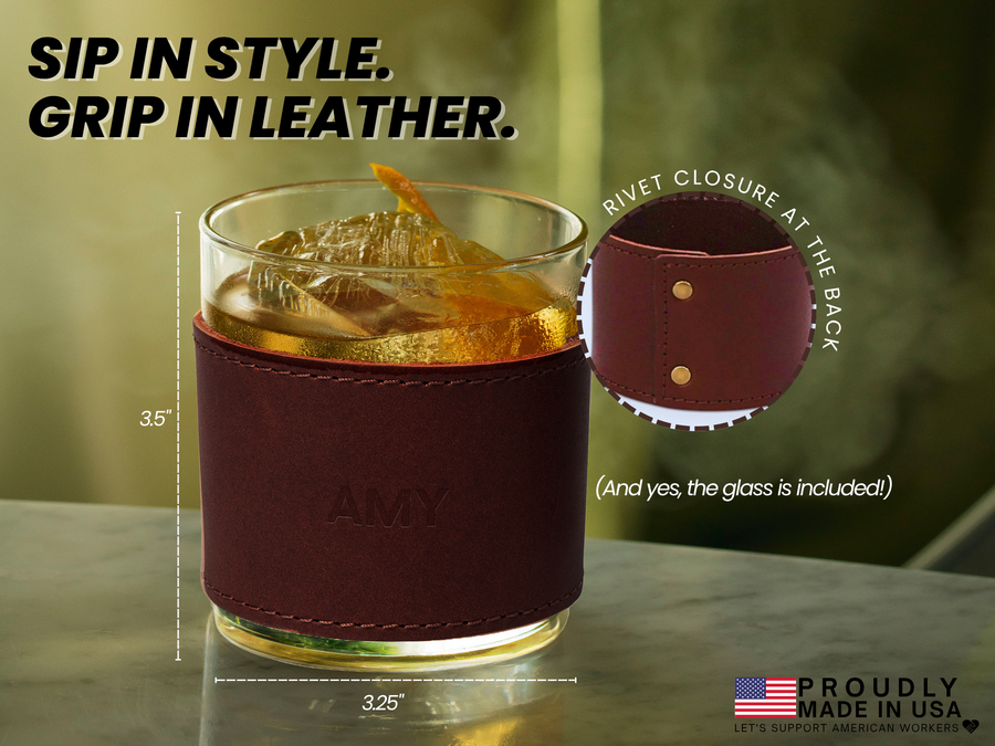 Monogrammed Leather Rocks Glass Cover