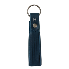 Navy leather tassel keychain with antique hardware, personalized with stamped initials