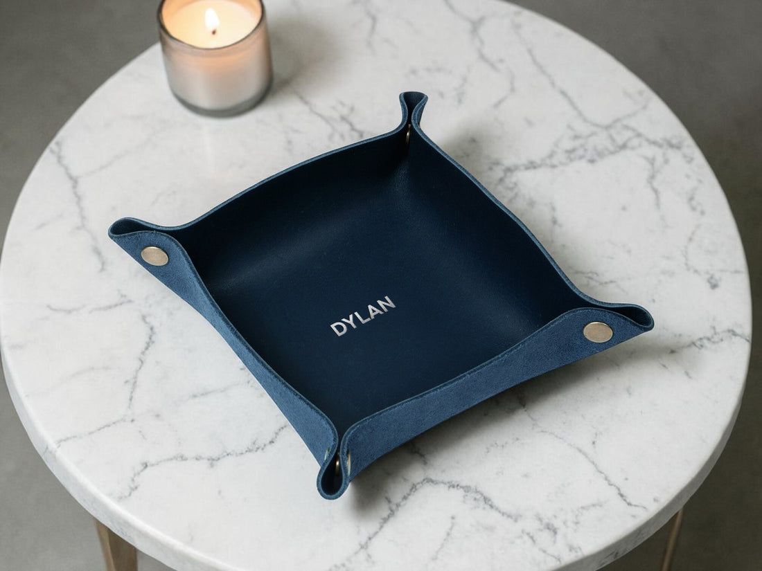 Personalized leather WFH desk set in navy
