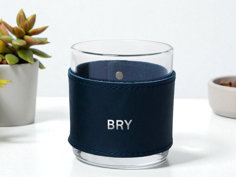 Monogrammed Leather Rocks Glass Cover