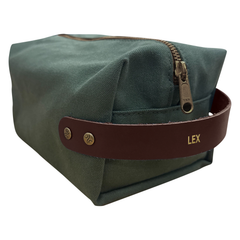 Personalized canvas and leather dopp kit, pine canvas with chocolate leather