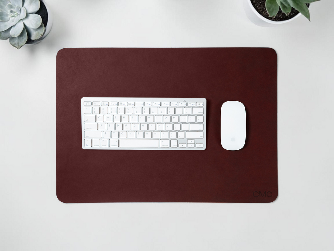 Personalized leather WFH desk set in red maple