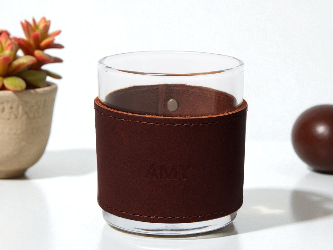 Monogrammed Leather Rocks Glass Cover