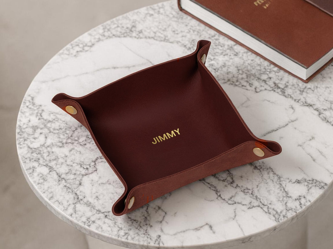 Personalized leather WFH desk set in red maple