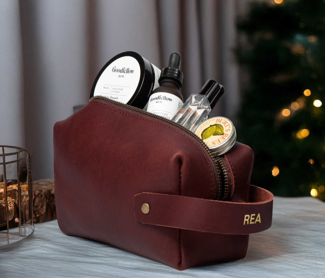 Personalized Leather Dopp Kit with Zipper Pull