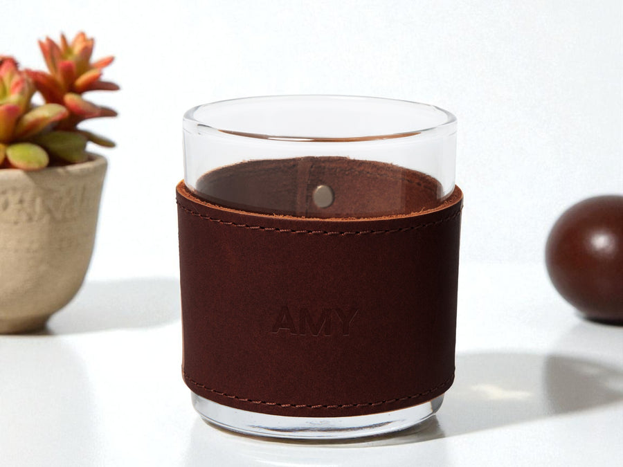 Monogrammed Leather Rocks Glass Cover
