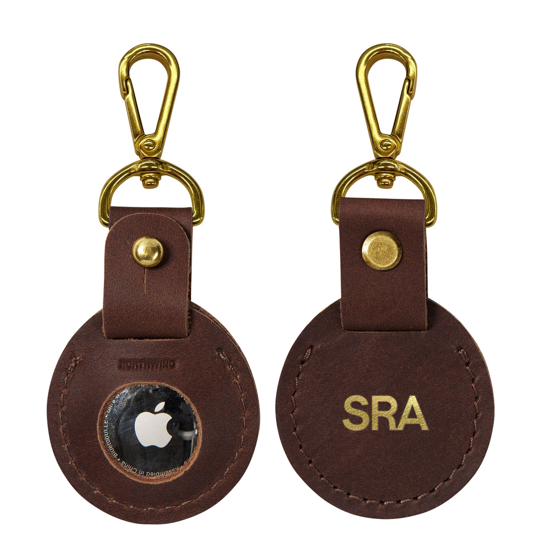 Personalized leather AirTag holder in chocolate
