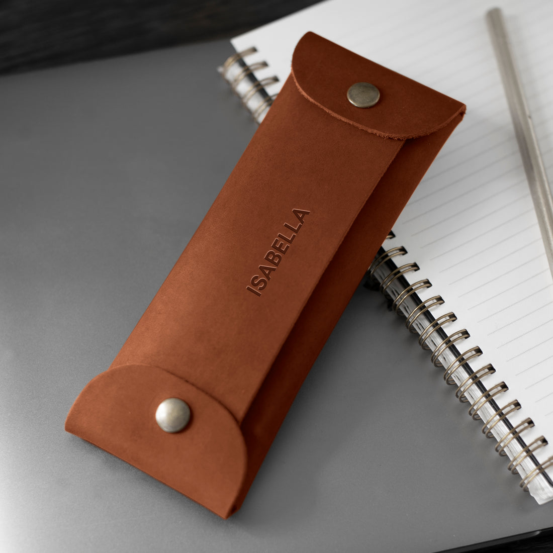 Personalized leather pencil case in copper