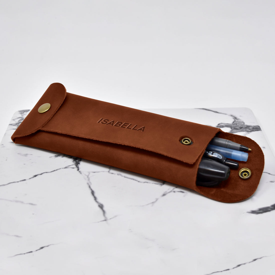 Personalized leather pencil case in copper