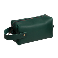 Emerald full-grain leather dopp kit with leather zipper pull, personalized with initials, for travel toiletries