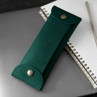 Personalized leather pencil case in emerald