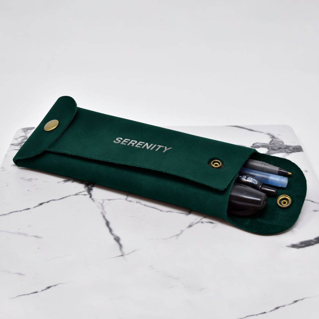 Personalized leather pencil case in emerald