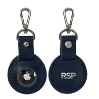 Personalized leather AirTag holder in navy
