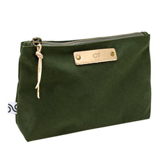Personalized canvas zipper pouch, pine canvas with natural leather