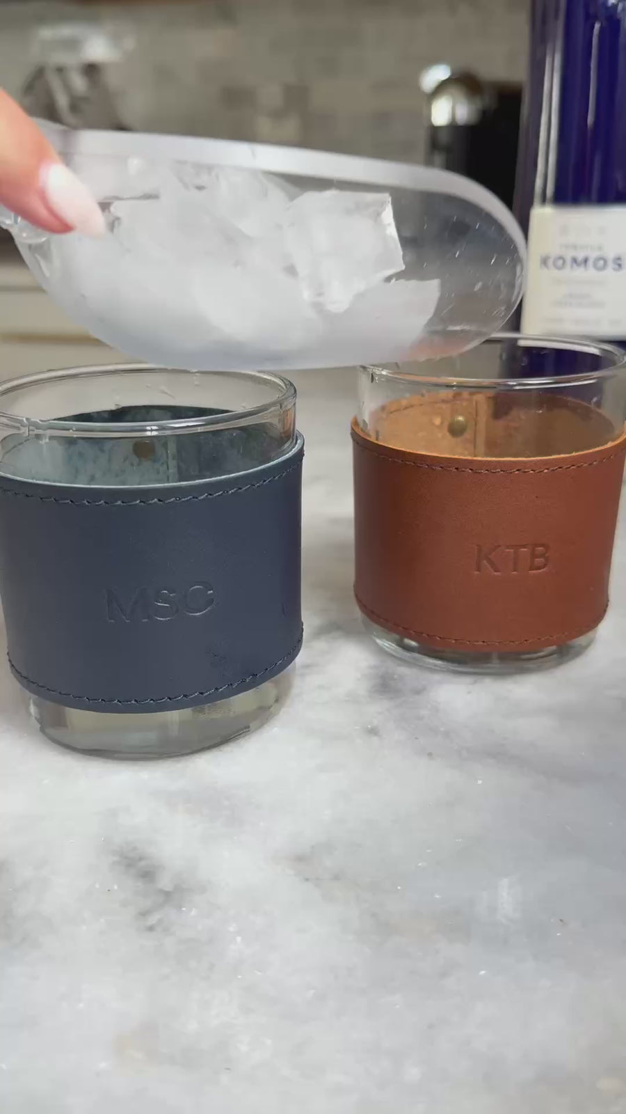 Monogrammed Leather Rocks Glass Cover