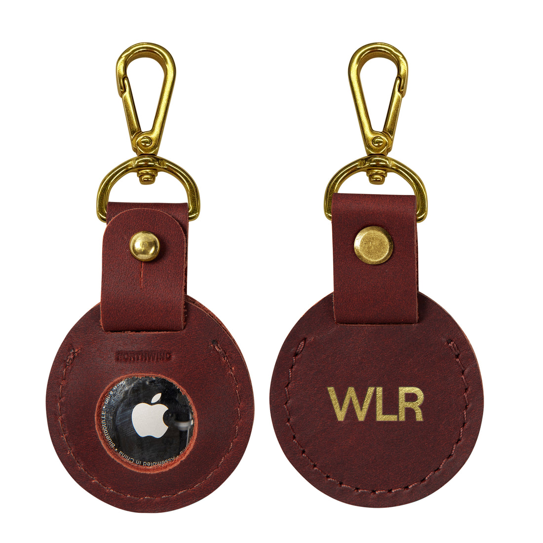 Personalized leather AirTag holder in red maple
