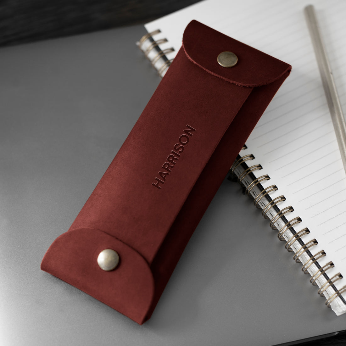 Personalized leather pencil case in red maple