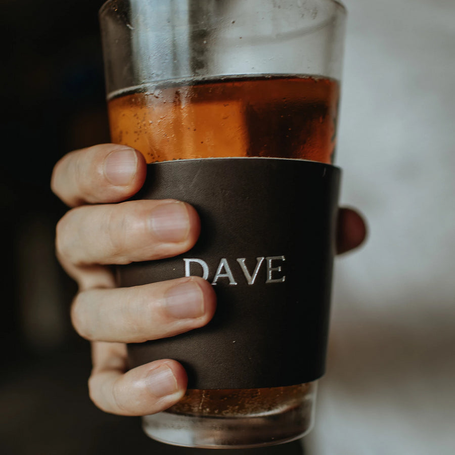 Personalized Leather Pint Glass Sleeve