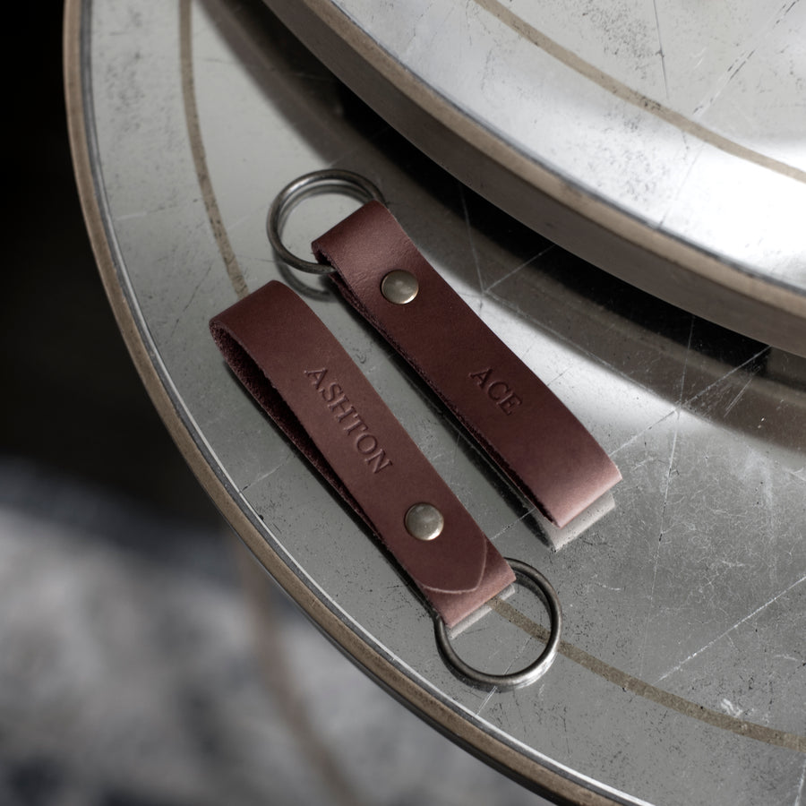 Custom Double Sided Leather Keychain in Tan
